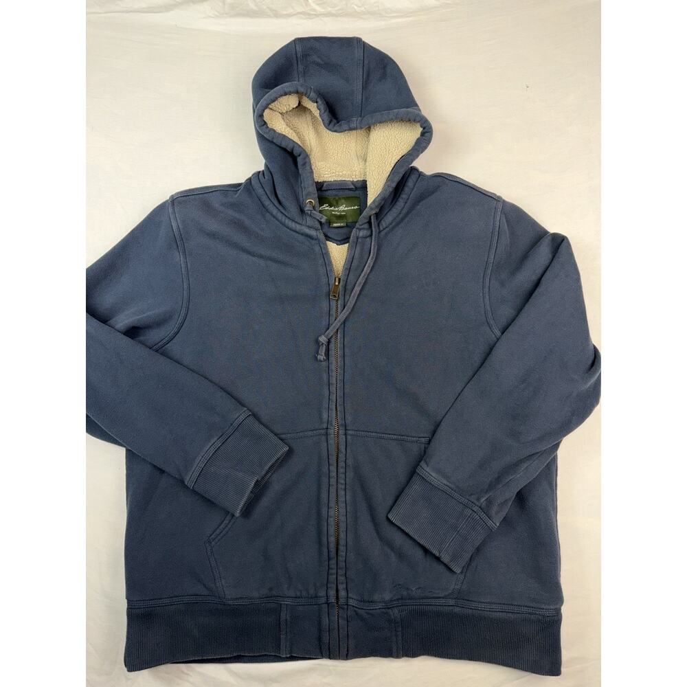 Eddie Bauer Mens XL Sherpa Lined Hoodie Full Zip Blue Fleece Lined Jacket